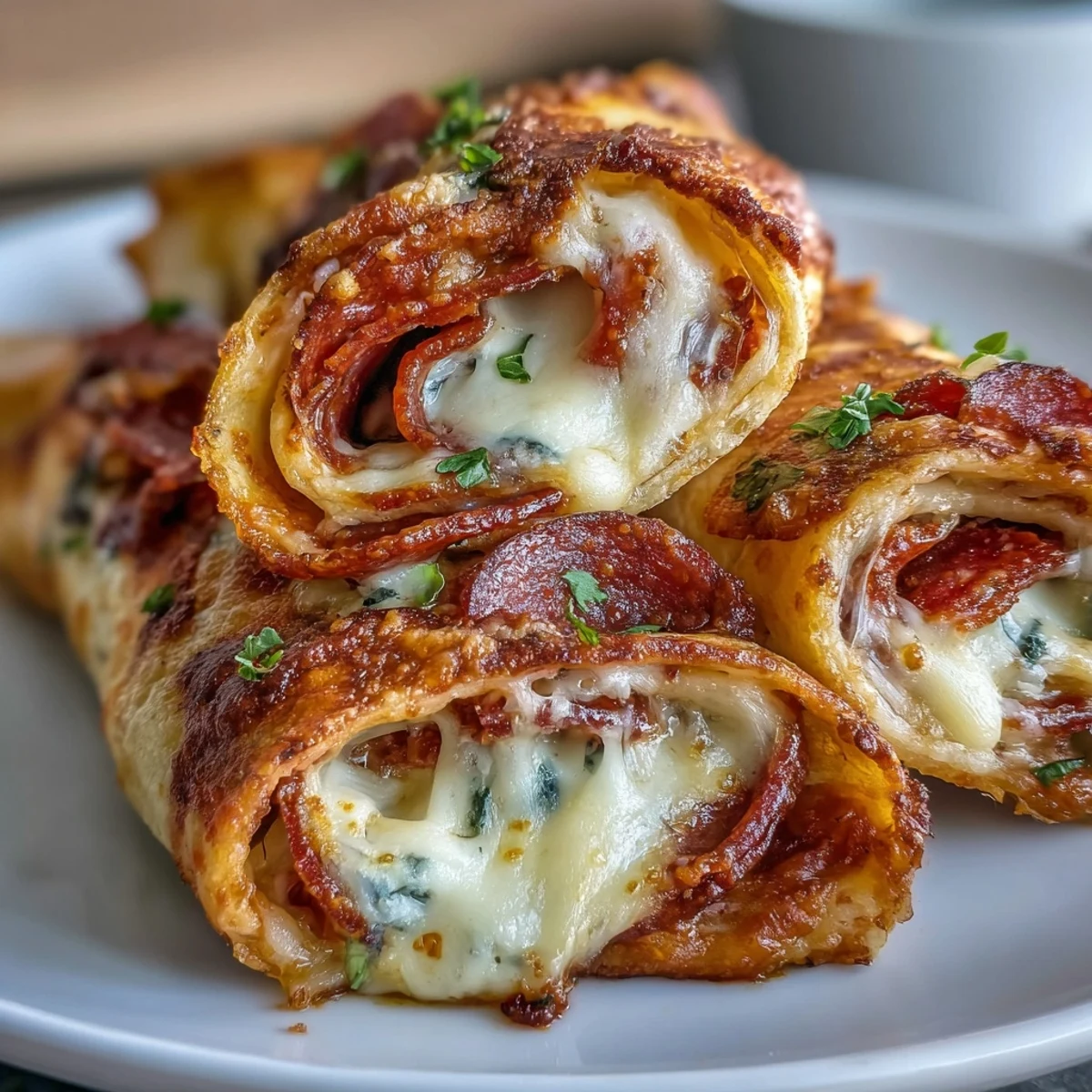 Homemade Tortilla Pizza Rolls served warm with a side of marinara for dipping.