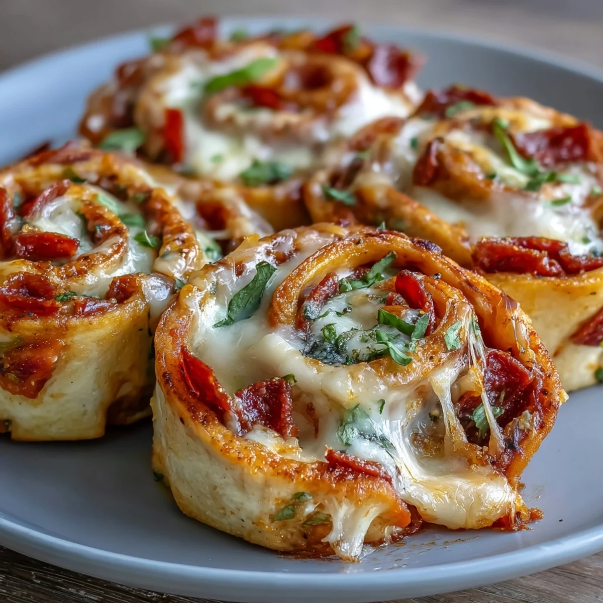 Freshly baked Tortilla Pizza Rolls sliced into bite-sized pieces, revealing a gooey cheese pull.