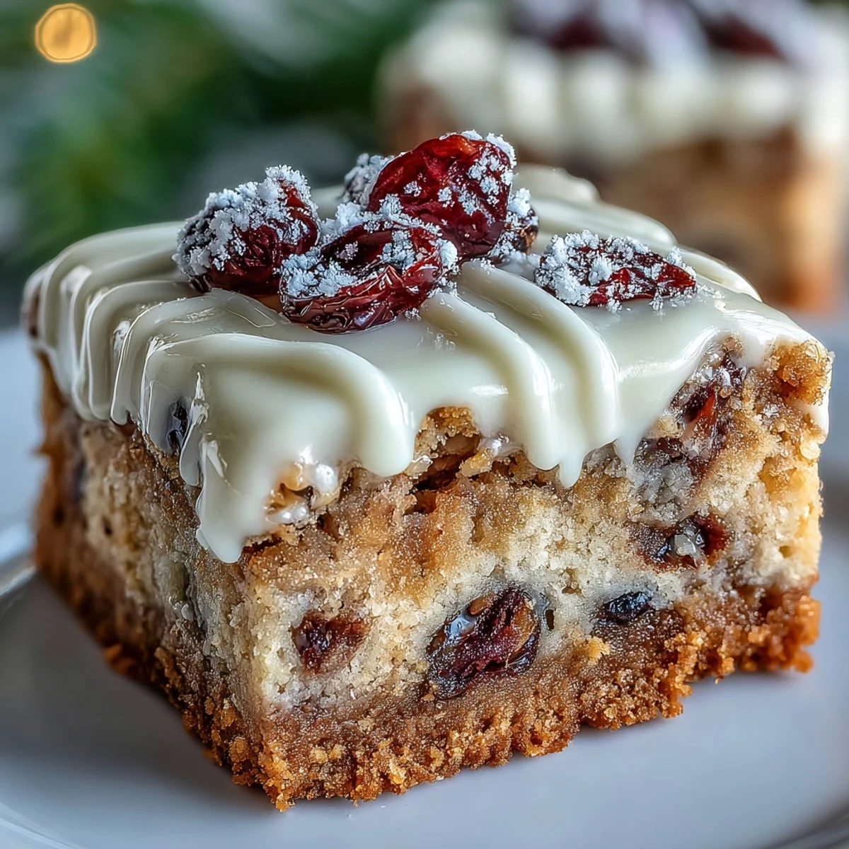 A square of Cranberry Bliss Bars reveals a tender crumb packed with dried cranberries and white chocolate chips.
