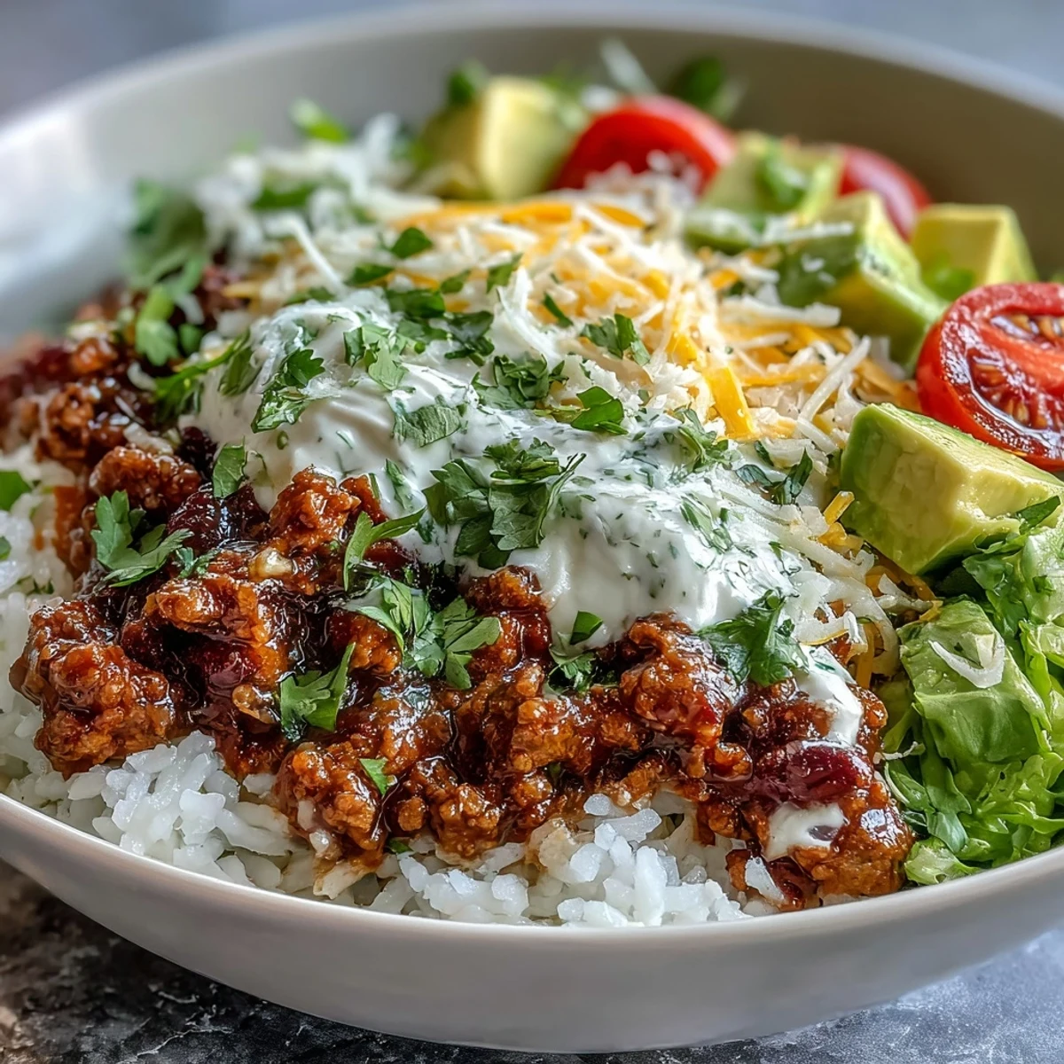 Close-up of a hearty Turkey Taco Bowl topped with salsa, cilantro, and ground turkey over steamed white rice.