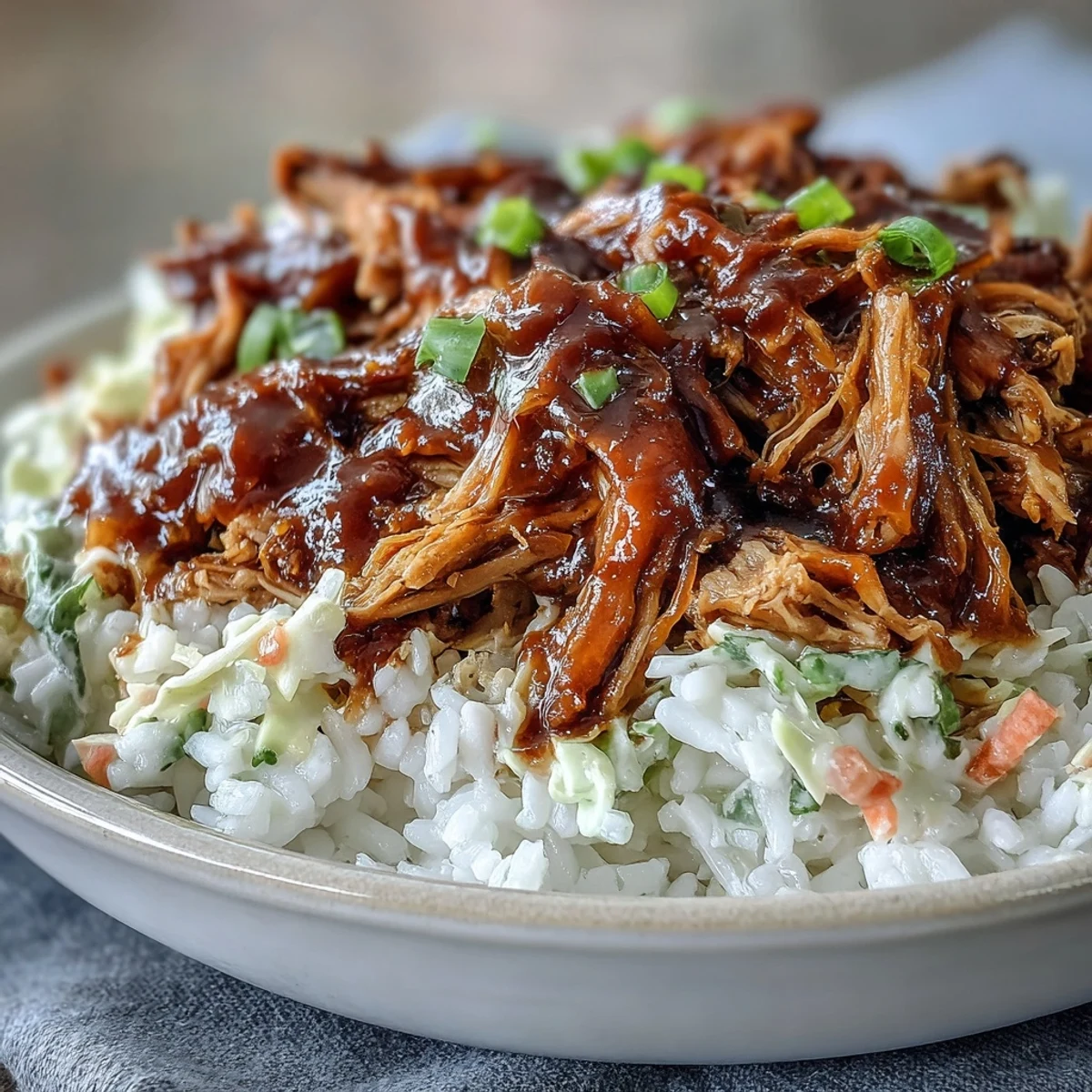 Assembled Pulled Pork Bowl with saucy shredded meat, rice, and creamy coleslaw, perfect for a hearty weeknight dinner.