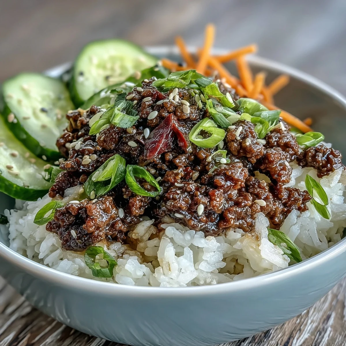 A close-up of a Korean Ground Beef Bowl with savory beef, fluffy rice, and colorful pickled carrots and cucumbers.