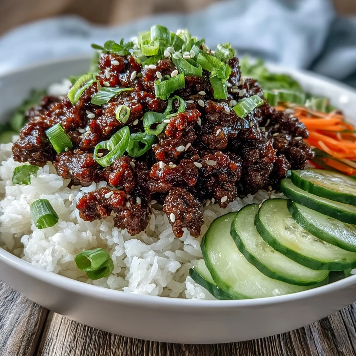 Vibrant deconstructed Korean Ground Beef Bowl with seasoned ground beef, white rice, and crunchy quick-pickled vegetables on the side.