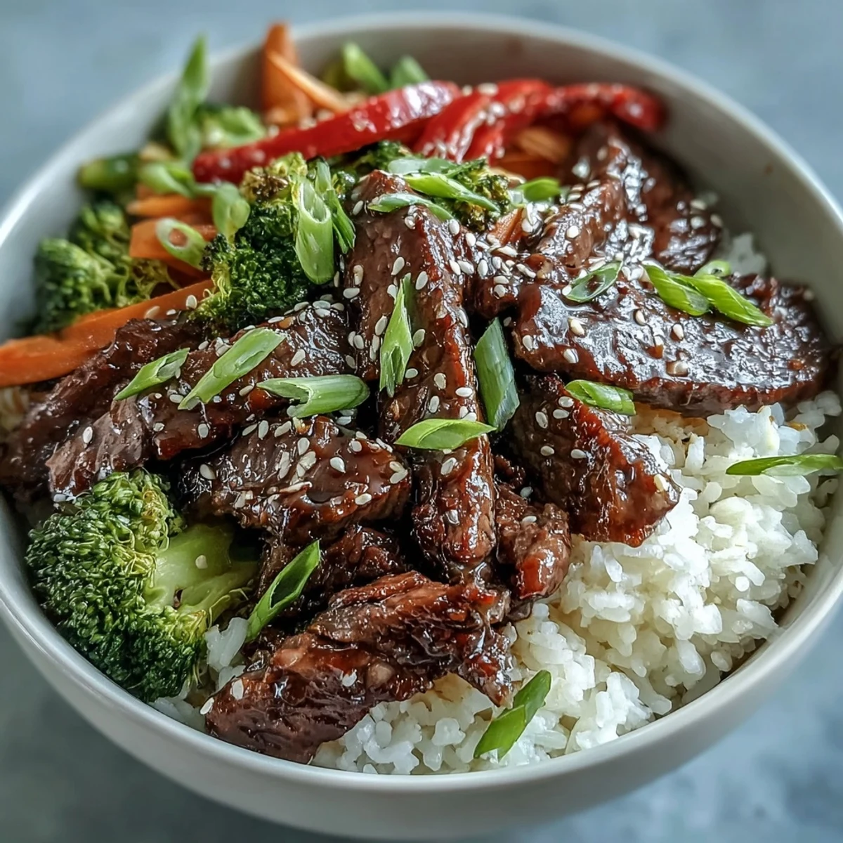 Fluffy rice topped with glossy teriyaki beef, sautéed broccoli, and bell peppers, garnished with sesame seeds and green onions.