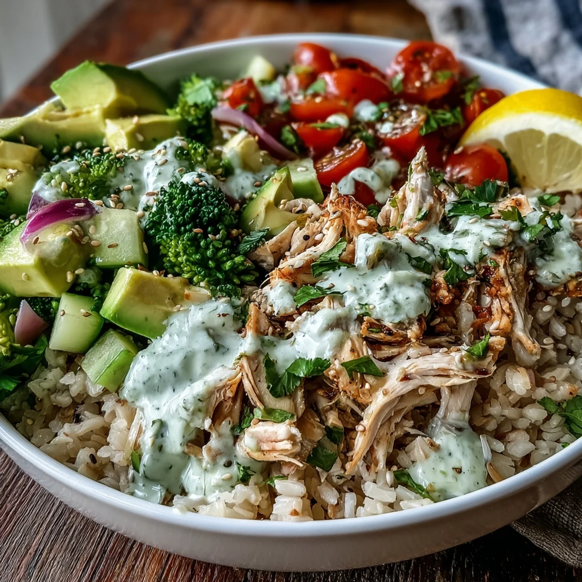 Hearty grains, juicy tomatoes, and sliced avocado create a nutritious Rotisserie Chicken Bowl, finished with fresh cilantro and sesame seeds.