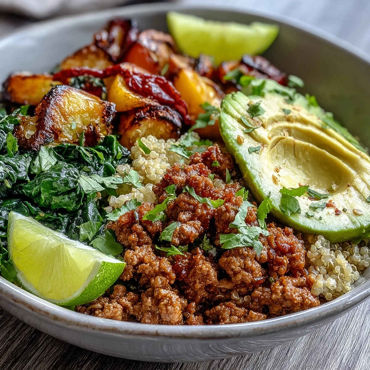 A vibrant serving of the Ground Turkey Bowl with roasted vegetables, fluffy grains, and fresh avocado slices, garnished with cilantro and lime wedges.