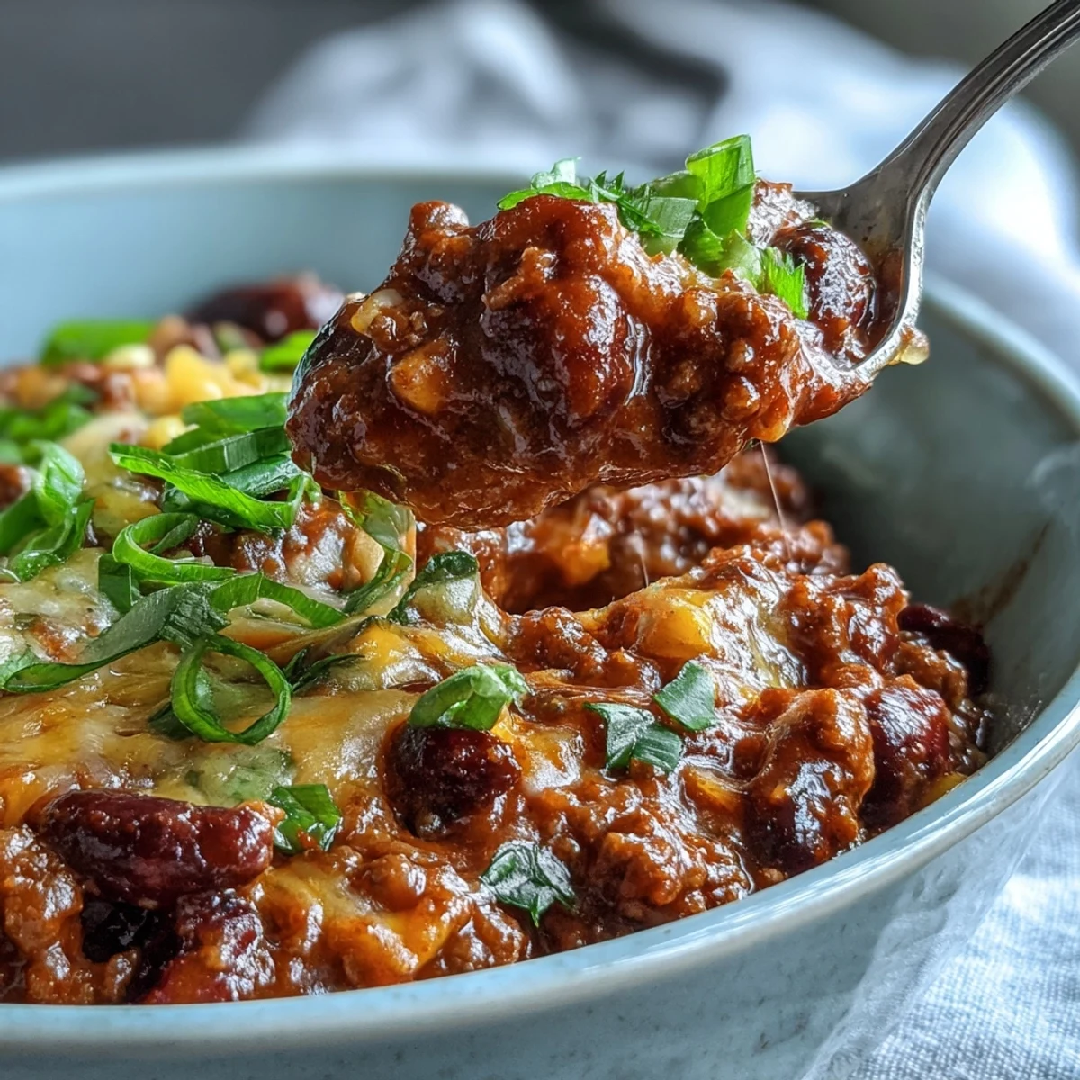 A comforting Chili Bowl Base topped with shredded cheddar, sour cream, and fresh cilantro garnish.