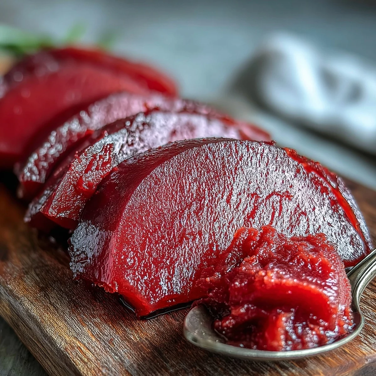 Homemade guava paste cooling in a lined pan with whole guavas nearby, showcasing the jammy, fragrant condiment.