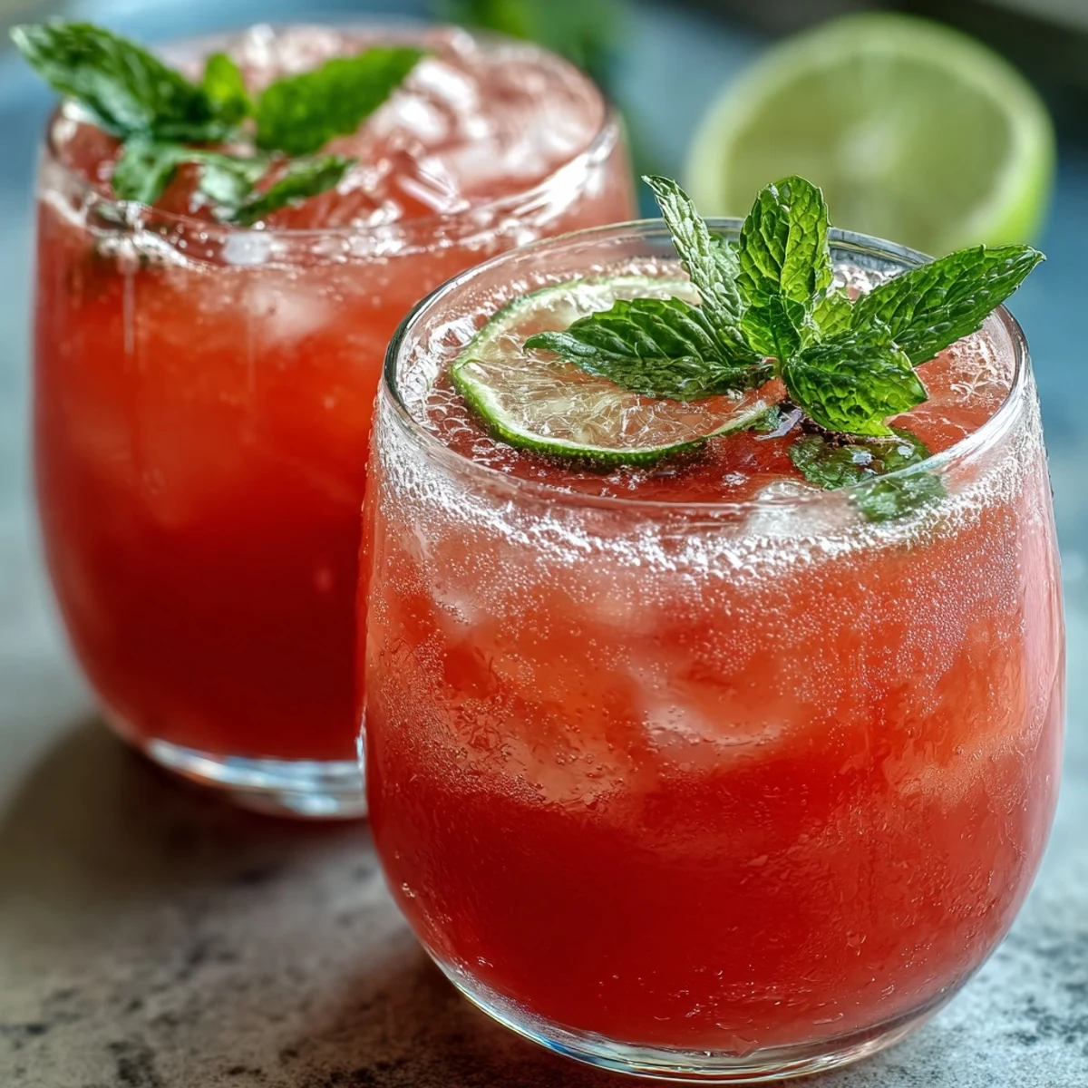 Chilled glasses of vibrant guava juice topped with bubbly sparkling water and a fresh lime slice.