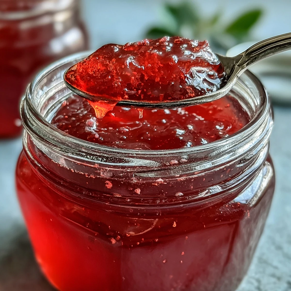 Clear guava jelly in a jar with a spoonful lifted, ideal for toast or thumbprint cookies.