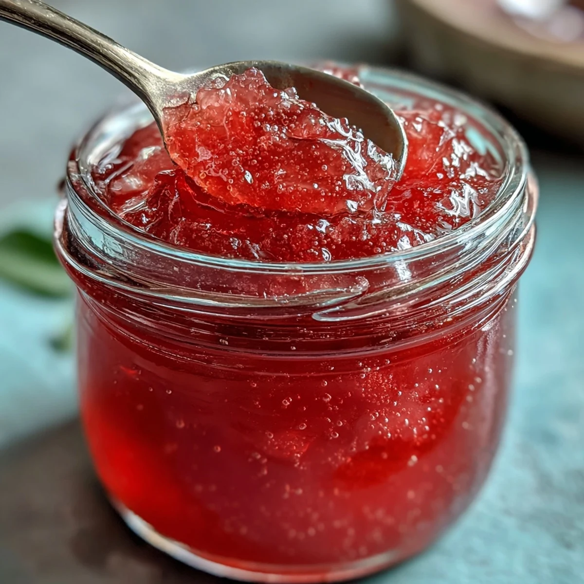 Sunlight glows through a jar of guava jelly and a slice of buttered toast topped with the preserve.