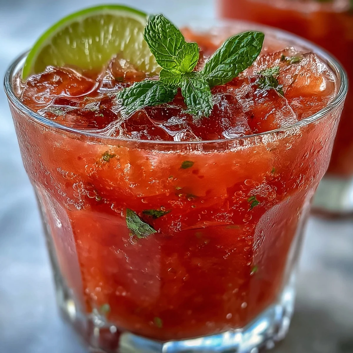 Two tall glasses of chilled Guava Nectar Drink filled with ice cubes and garnished with fresh mint and lime wedges, served on a sunny patio table.
