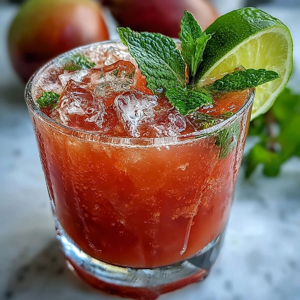 Close-up of a frosty Guava Nectar Drink with condensation on the glass, mint leaves, and a lime wedge, set against a bright kitchen backdrop.
