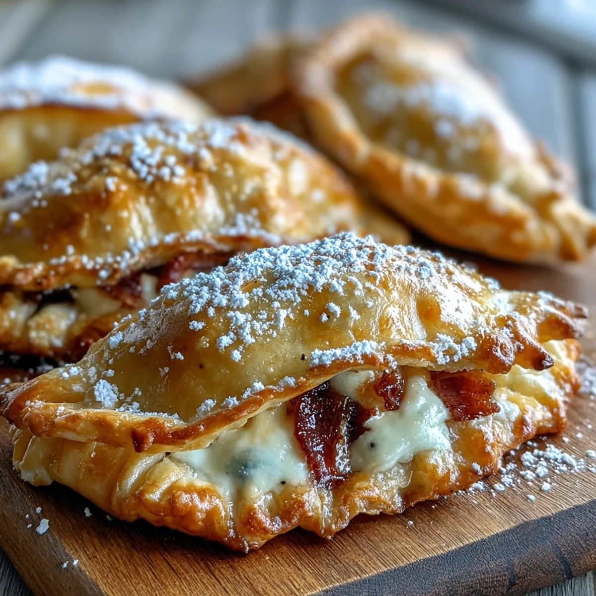 Golden Guava and Cheese Empanadas are dusted with powdered sugar on a rustic wooden table.