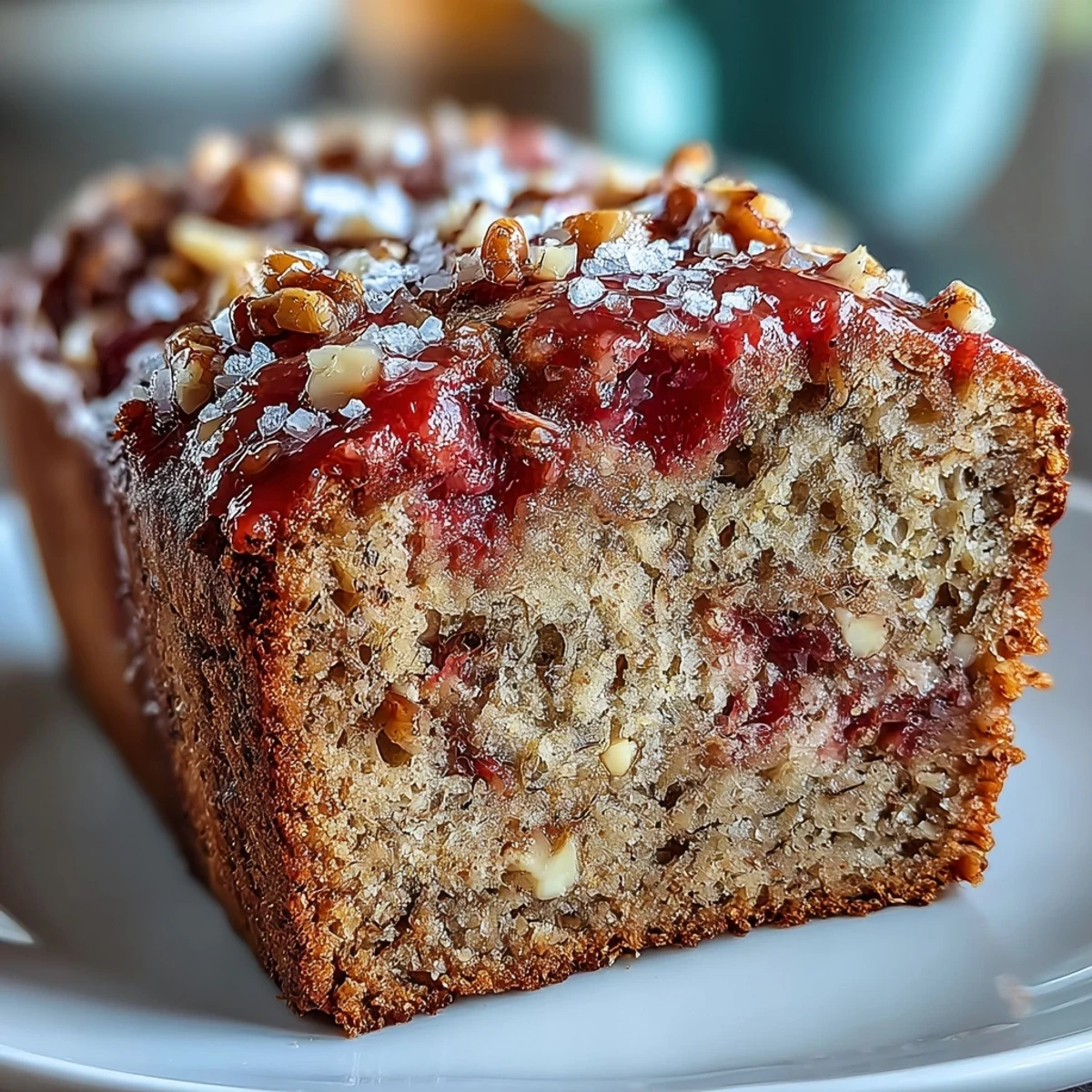 A freshly-baked Vegan Cardamom Guava Banana Bread loaf rests on a wooden cutting board with lime zest.