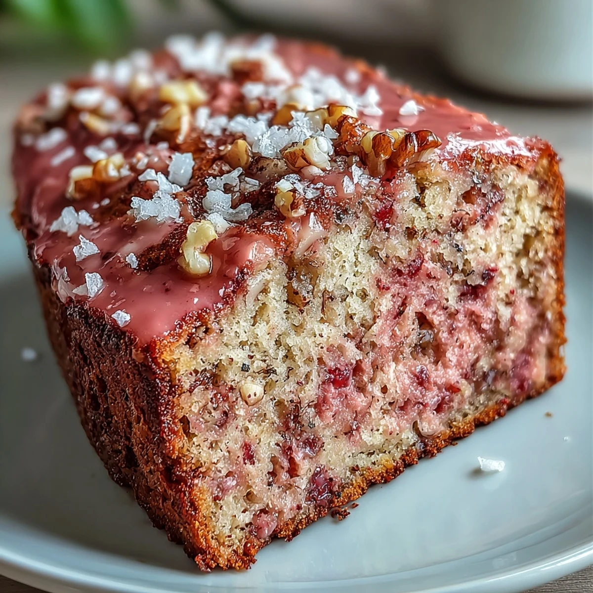 Frosted slices of Vegan Cardamom Guava Banana Bread, featuring a golden-brown crumb studded with chopped walnuts.