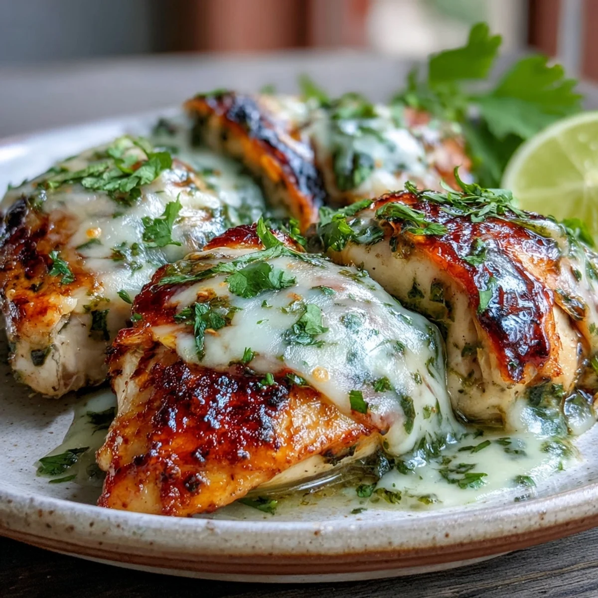 Sizzling Grilled Salsa Verde Pepper Jack Chicken fresh off the grill, topped with creamy melted cheese.