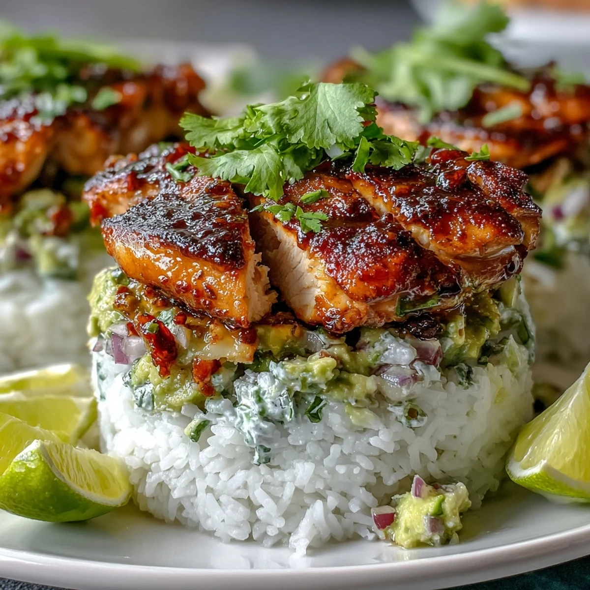 Sliced honey lime chicken, fluffy jasmine rice, and creamy avocado salsa are stacked high on a white plate. The vibrant cilantro and lime wedges add a fresh, zesty finish to this Tangy Honey Lime Chicken & Avocado Rice Stack.