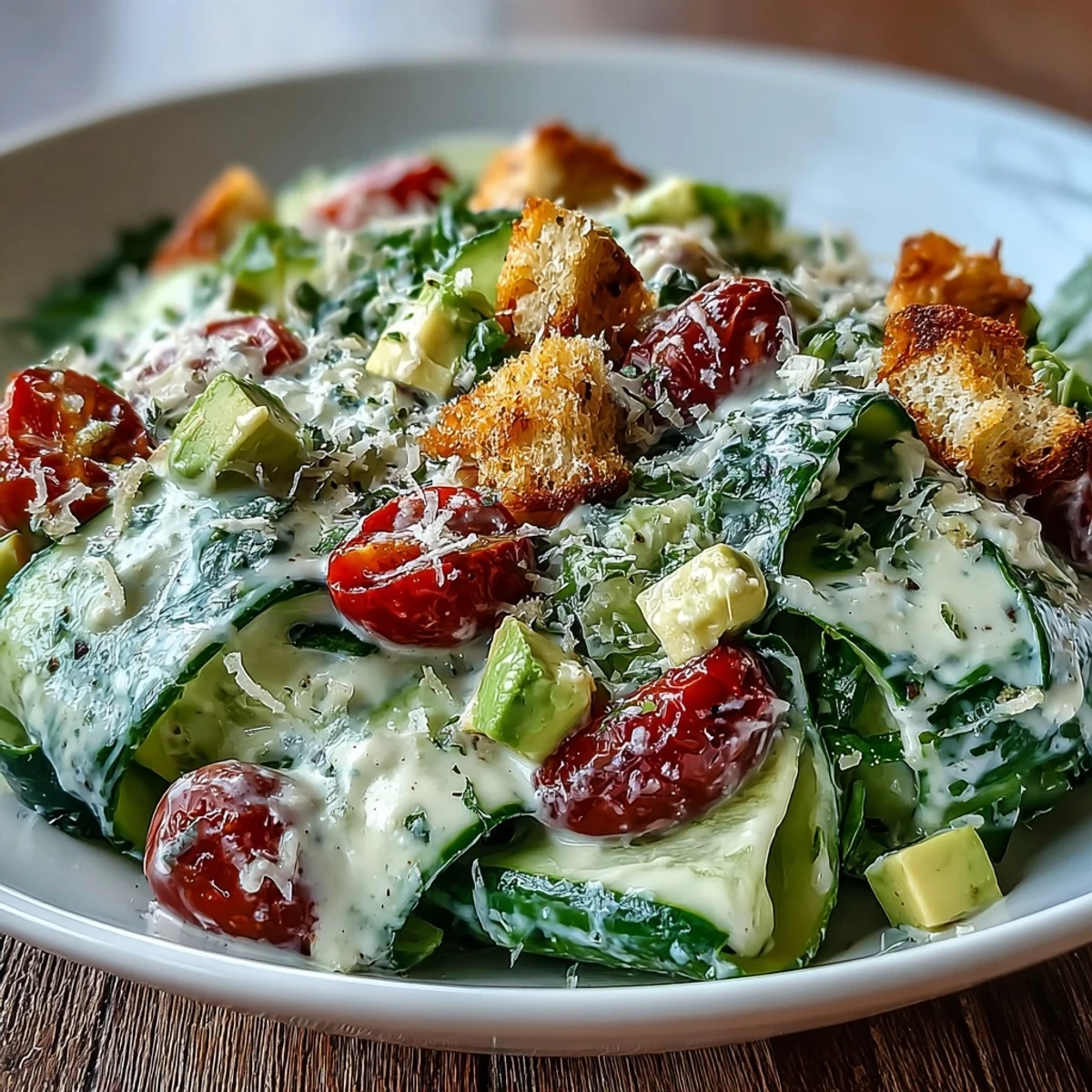 Freshly made Cucumber Caesar Salad in a white bowl, featuring crisp cucumber slices tossed in creamy dressing and topped with crunchy croutons and shaved Parmesan.