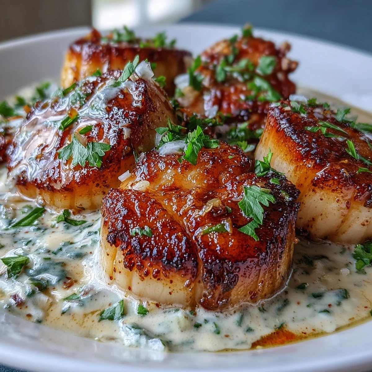 Golden-brown seared scallops with spicy Cajun cream sauce on a white plate, garnished with fresh parsley.