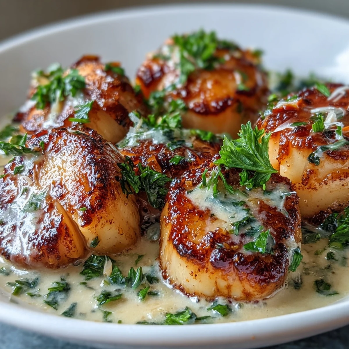 Close-up of seared scallops with spicy Cajun cream sauce, showing a rich, creamy texture and golden crust.