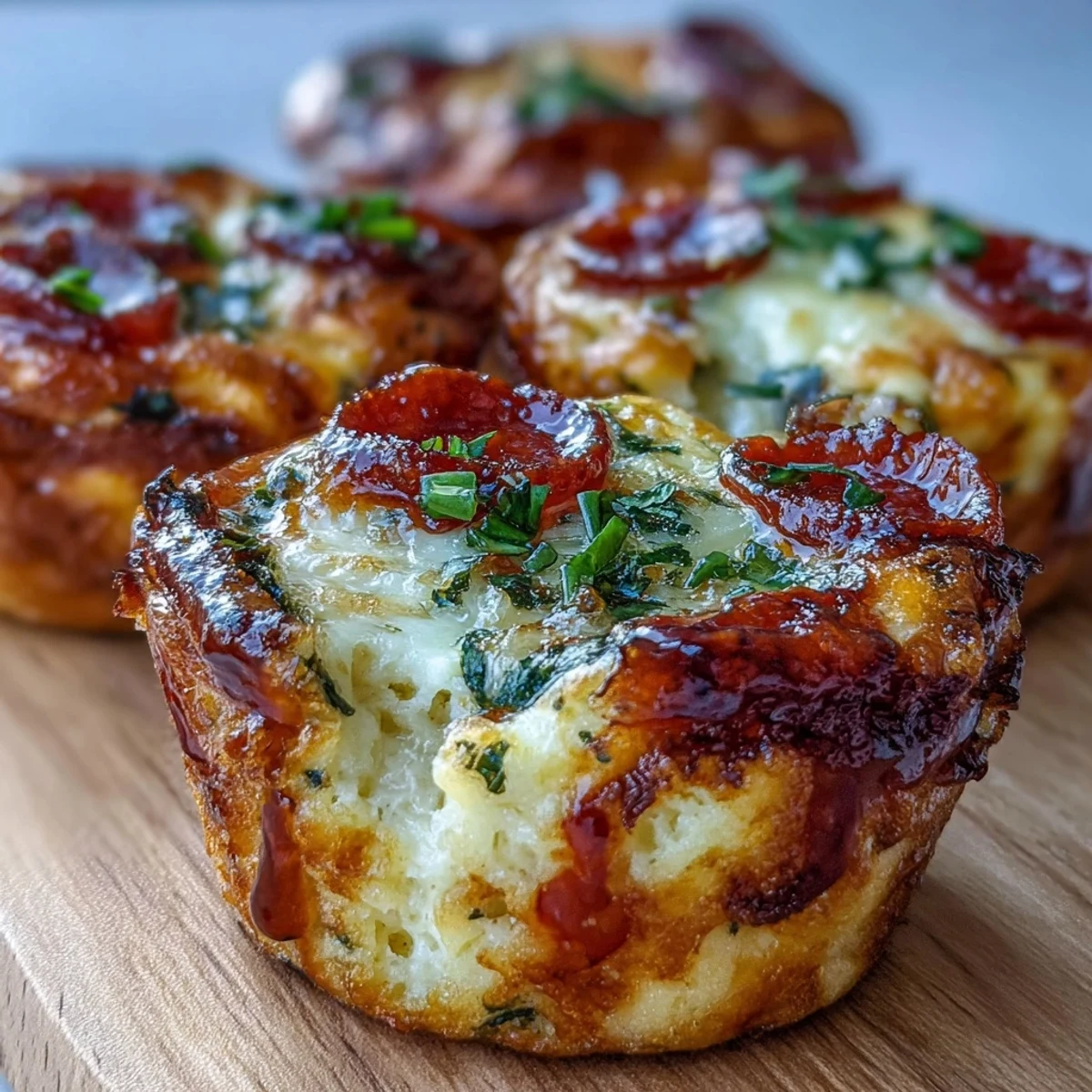Golden-brown High-Protein Pepperoni Breakfast Cups fresh from the oven, featuring fluffy frittatas with melted cheese and pepperoni peeking out.