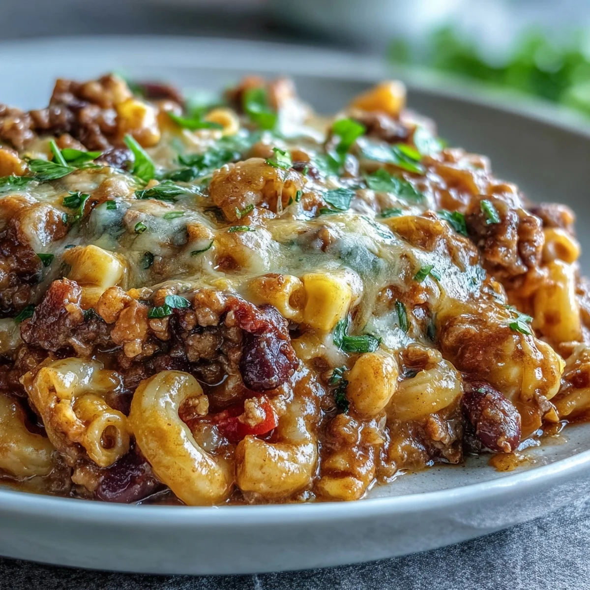 Close-up of One-Pot Tex-Mex Chili Mac with Corn bubbling under a golden, melted cheddar cheese topping. 