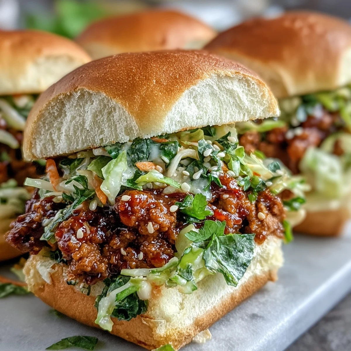 Steamed Korean Turkey Sloppy Joe Sliders sit on soft buns topped with crunchy cabbage slaw and sesame seeds.