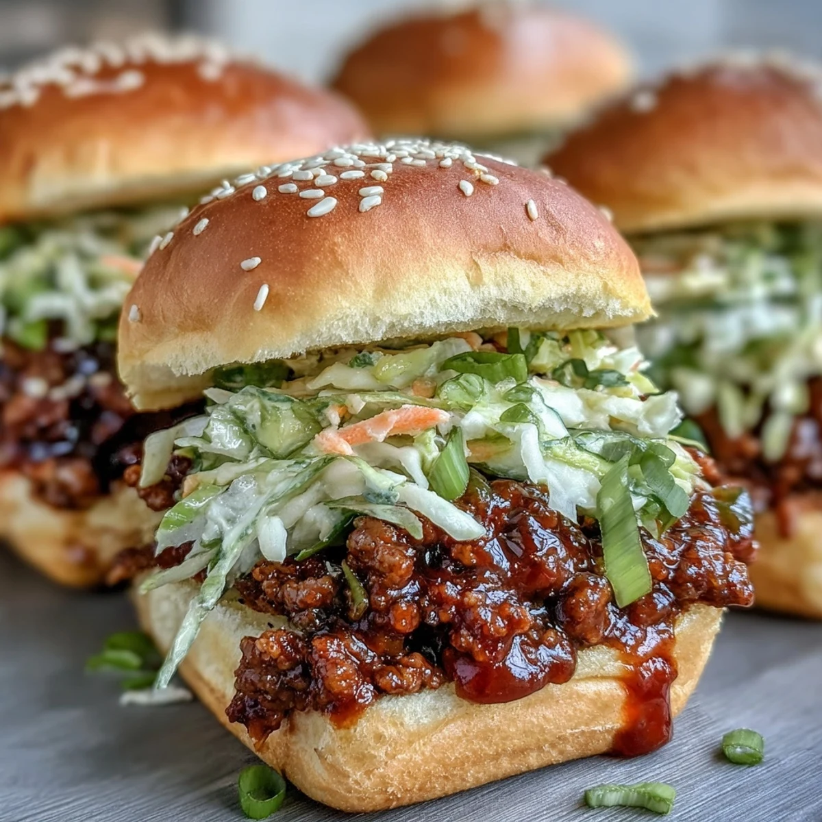 Freshly assembled Korean Turkey Sloppy Joe Sliders feature juicy ground turkey filling and vibrant shredded slaw on golden buns.