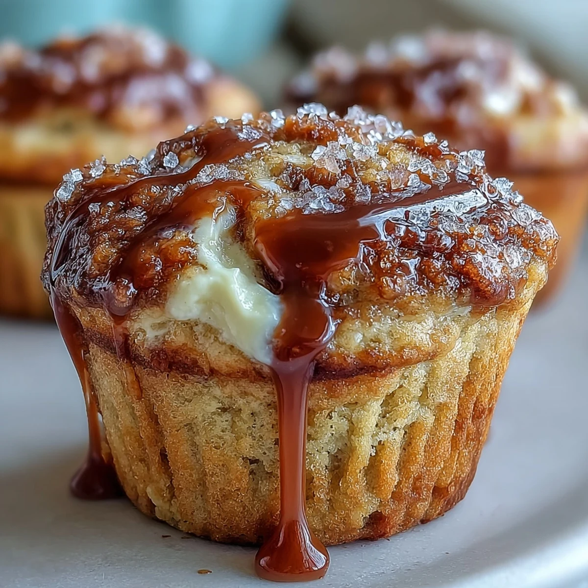 Close-up of Caramel Cream Cheese Swirl Muffins with marbled filling on a rustic wooden serving board.