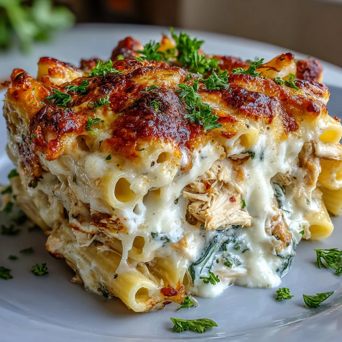 Steam rises from a serving of Greek Yogurt Chicken Alfredo Bake, revealing creamy pasta with visible spinach leaves, paired with a crisp green salad on a rustic wooden table.
