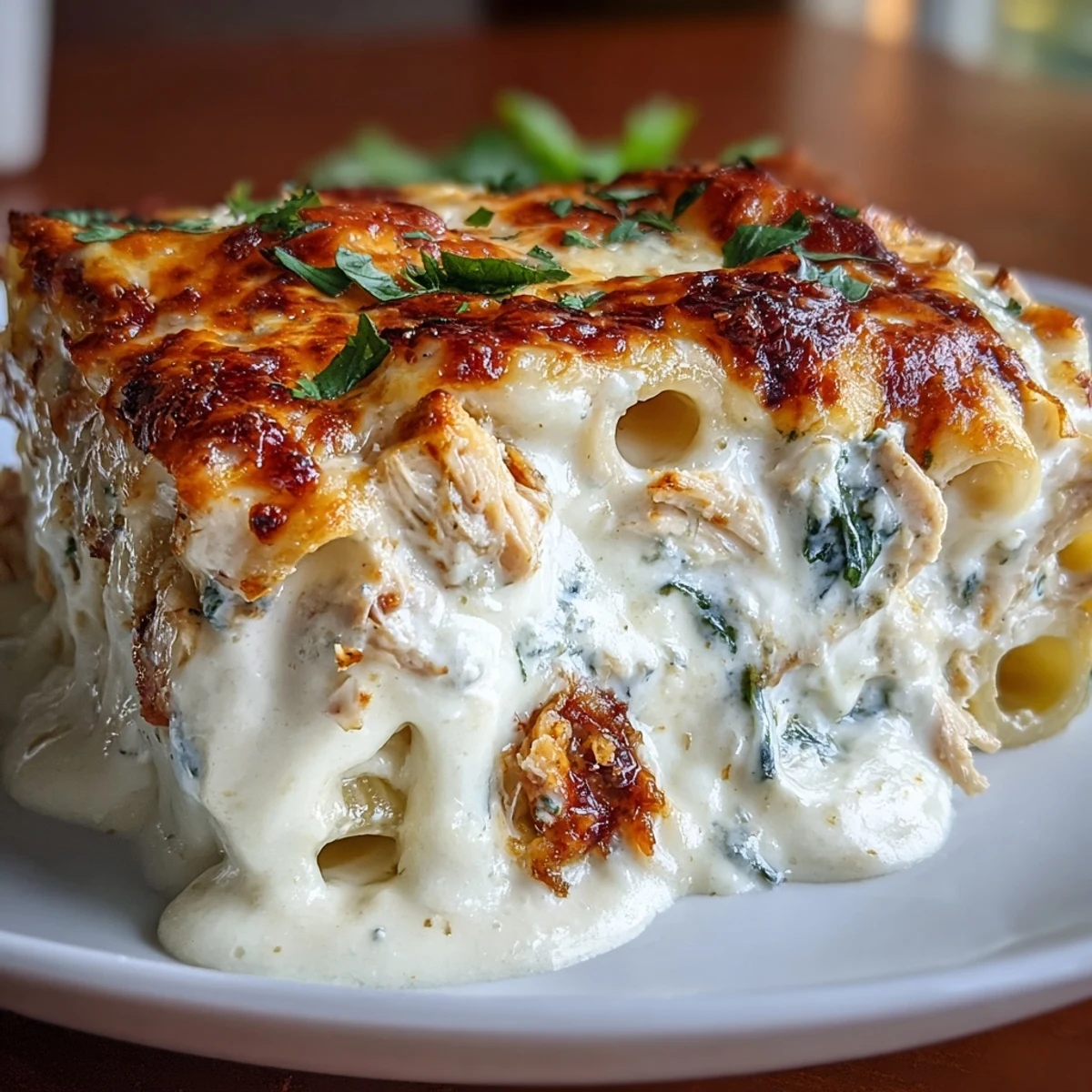 Freshly baked Greek Yogurt Chicken Alfredo Bake emerges from the oven, featuring a golden, bubbly cheese crust over rotini pasta loaded with tender chicken and vibrant spinach.