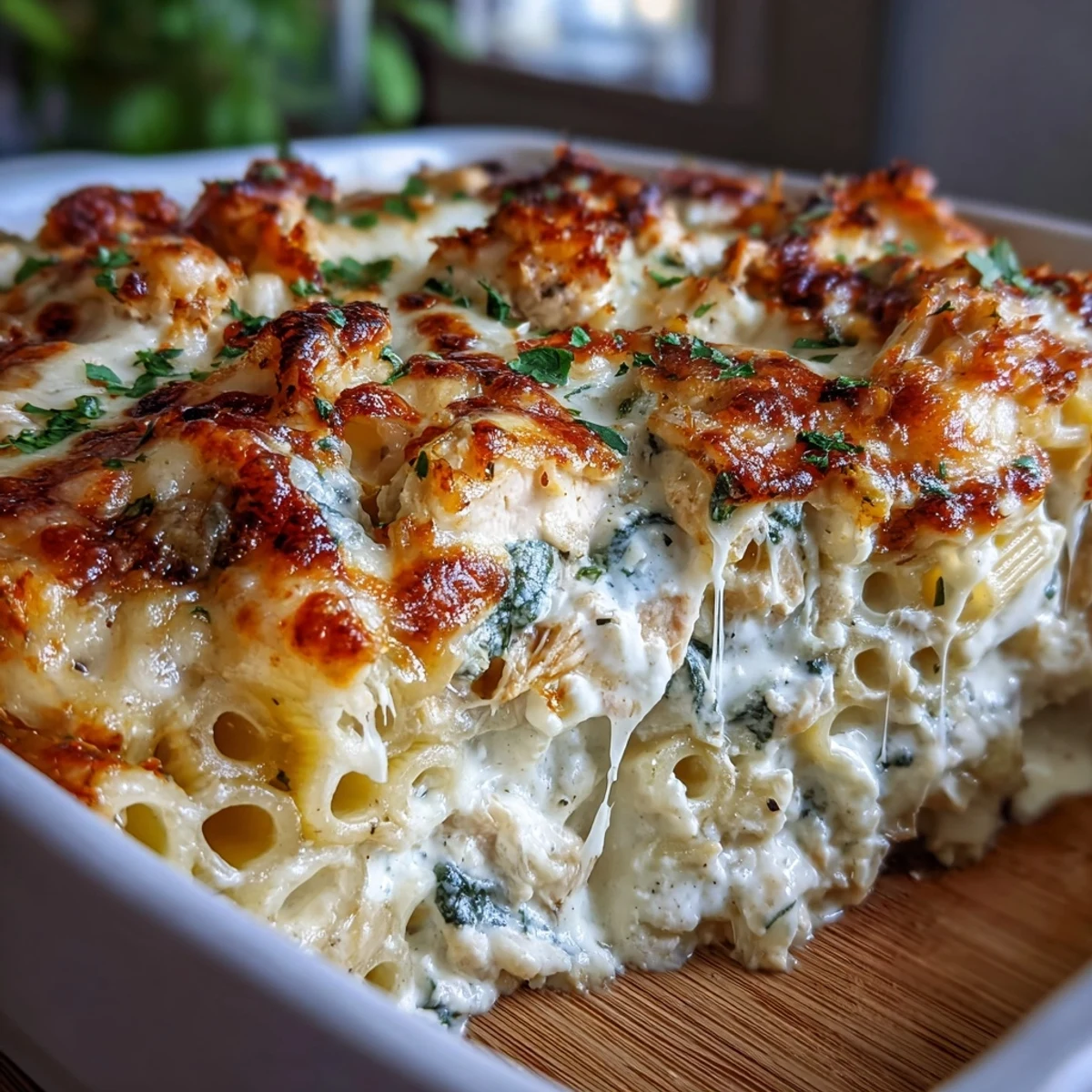 A close-up shows a spoon serving a generous portion of Greek Yogurt Chicken Alfredo Bake, highlighting the creamy Alfredo sauce clinging to rotini, chicken, and spinach.