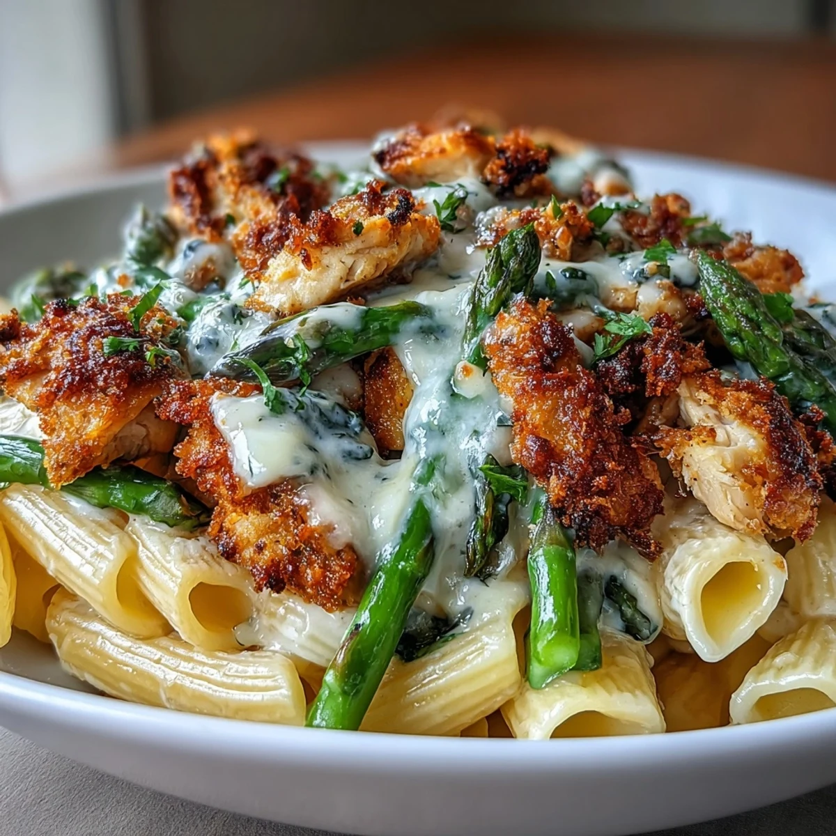 A skillet of Crispy Parmesan Asparagus Chicken Pasta tossed with tender chicken and bright green asparagus.