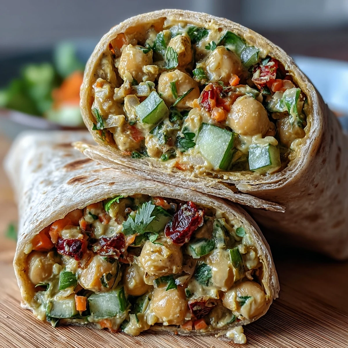 Vegan Coconut Curry Chickpea Salad Wraps filled with crisp veggies, creamy chickpea salad, and fresh cilantro, all wrapped in a soft tortilla.