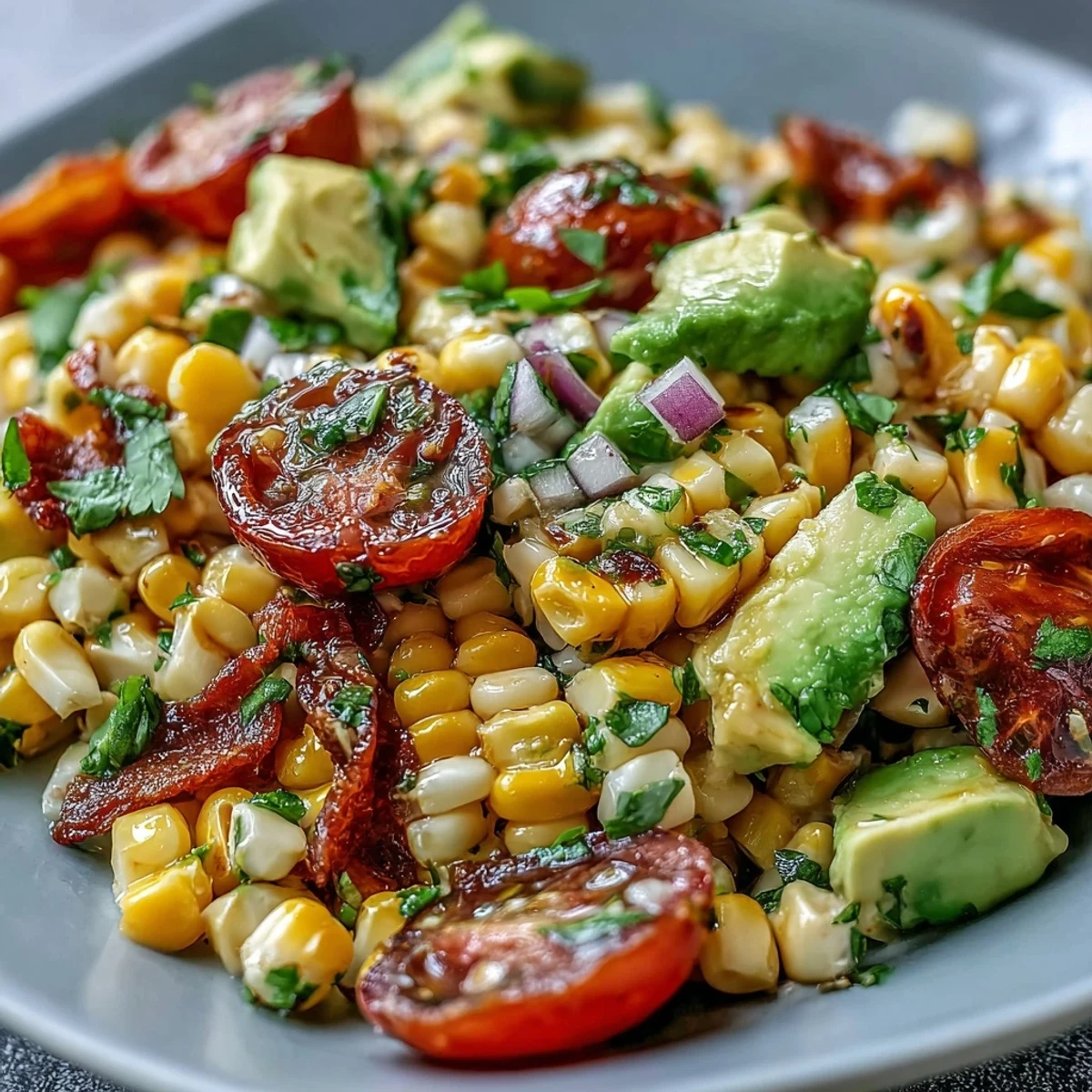 Fresh Corn and Tomato Salad with Avocado and Lime in a white bowl, glistening with zesty lime dressing and fresh cilantro.