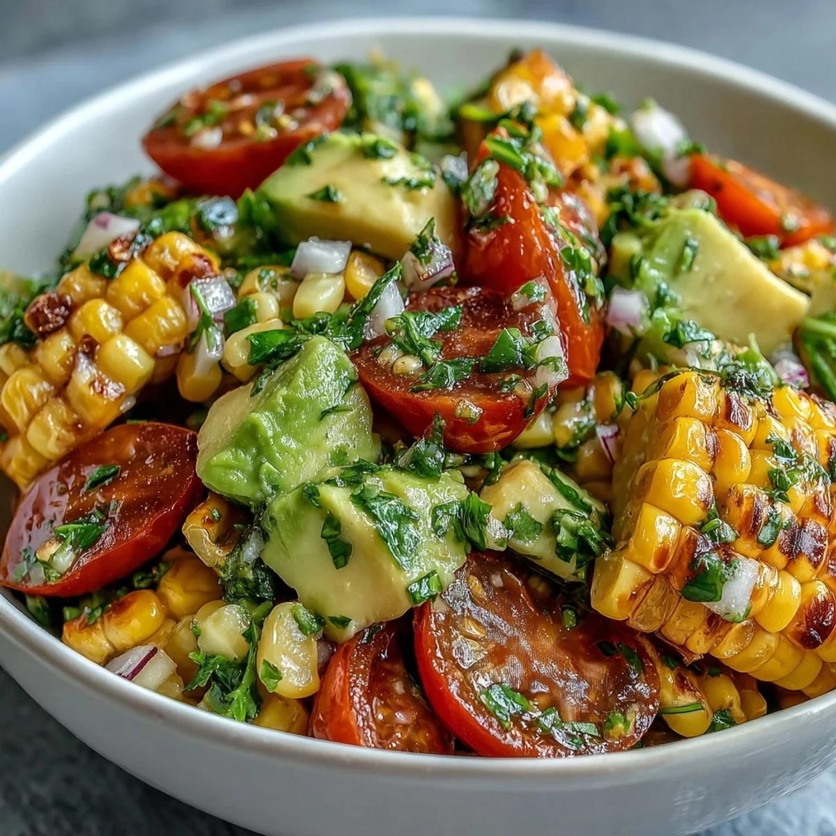 Colorful Fresh Corn and Tomato Salad with Avocado and Lime served on a plate, featuring bright red tomatoes and diced avocado.