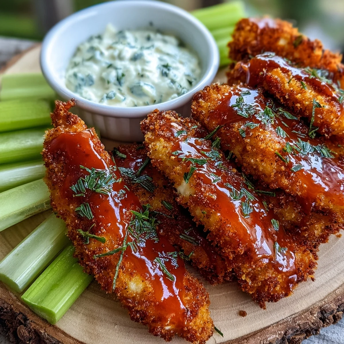 Crispy Keto Buffalo Ranch Chicken Tenders fresh from the oven, glistening with spicy orange sauce alongside cool celery sticks.