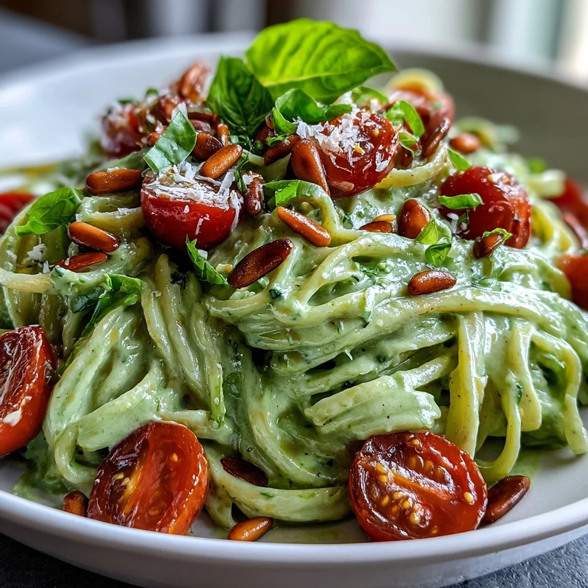 Creamy avocado lime sauce coats the Vegan Creamy Avocado Lime Pasta with Cherry Tomatoes in a vibrant green hue, ready to be served.
