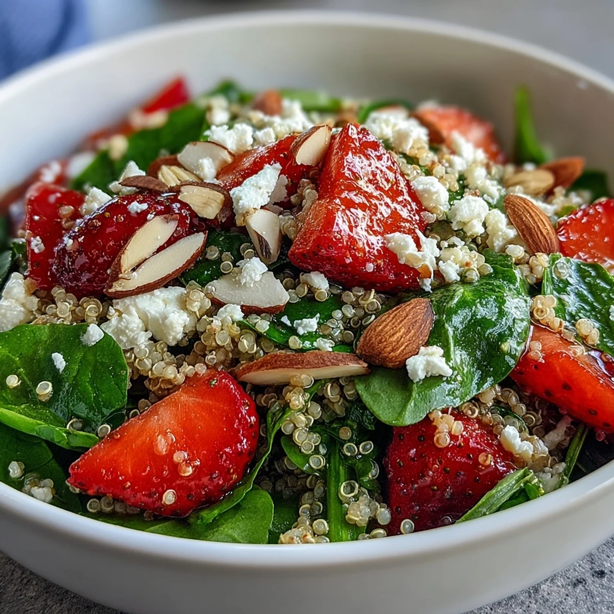 A close-up view of Strawberry Spinach Quinoa Salad with sliced strawberries, feta, and toasted almonds on a dark plate.