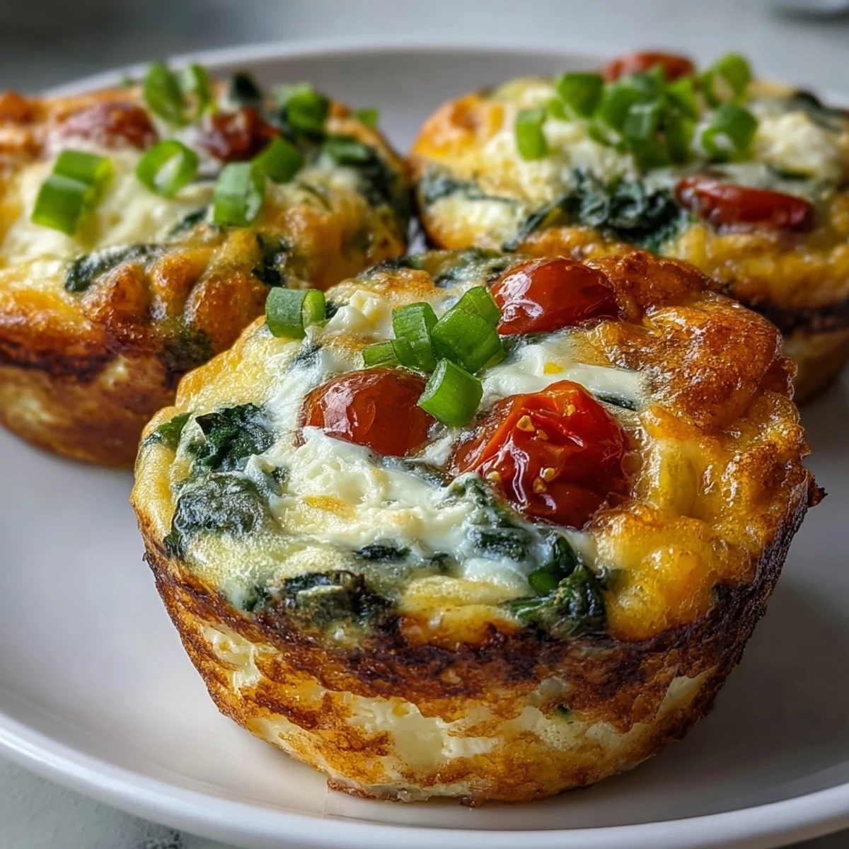 Freshly baked High-Protein Egg Muffin Cups with Spinach and Tomatoes, showing golden edges and a fluffy, speckled texture.