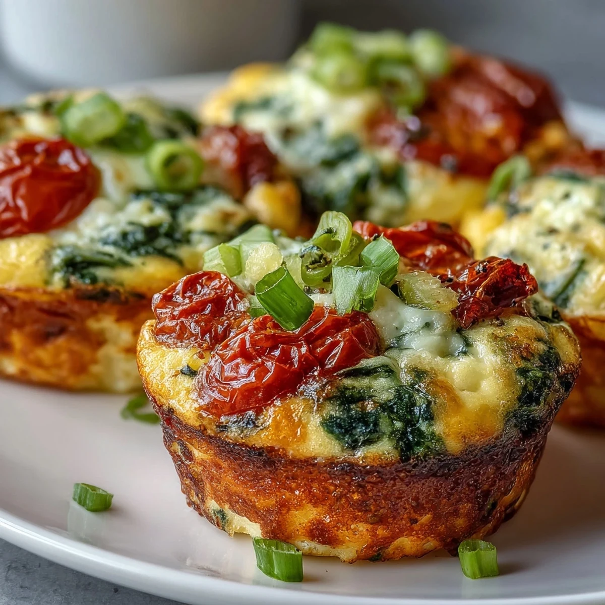 A close-up of High-Protein Egg Muffin Cups with Spinach and Tomatoes, featuring vibrant green spinach and red tomato chunks.