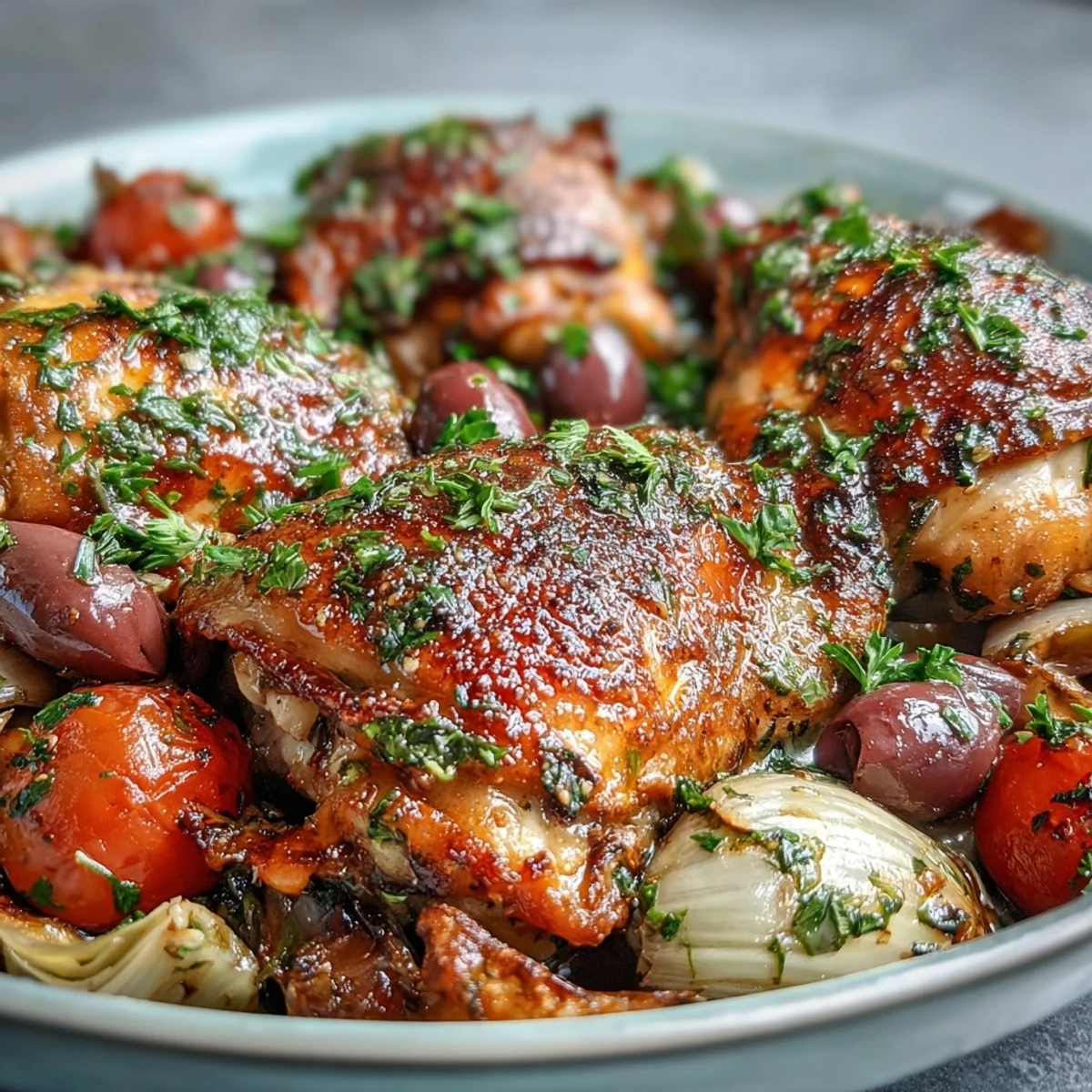 Golden, crispy One-Pan Mediterranean Chicken thighs with briny Kalamata olives and tender artichoke hearts, fresh parsley garnish.