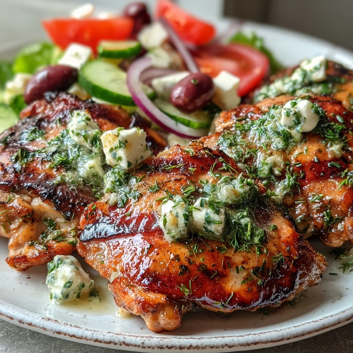 Grilled Lemon Herb Chicken Thighs with Greek Salad on a rustic plate, garnished with fresh herbs and ready to serve.