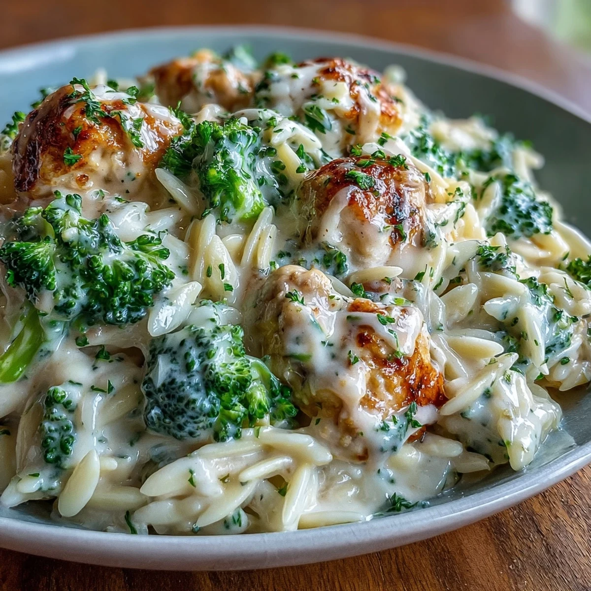 Creamy garlic turkey and broccoli orzo in a rich Parmesan cream sauce with tender turkey mince and vibrant broccoli florets.  