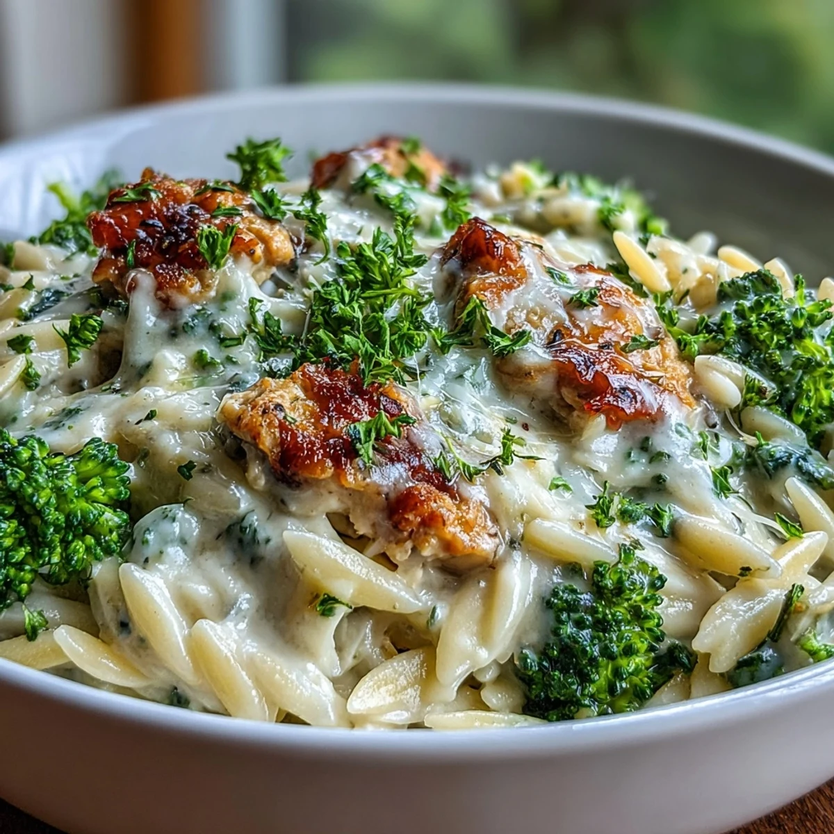 Family-friendly creamy turkey and broccoli orzo with garlic, herbs, and Parmesan in a comforting one-pan meal.