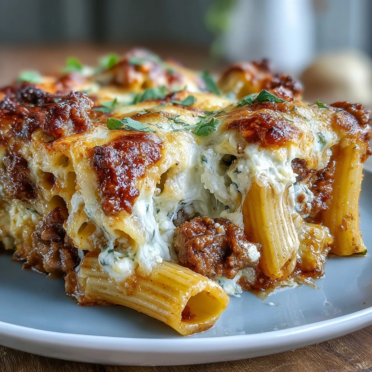 A hearty cottage cheese protein pasta bake with ground beef, layered with creamy cottage cheese and bubbling mozzarella.  