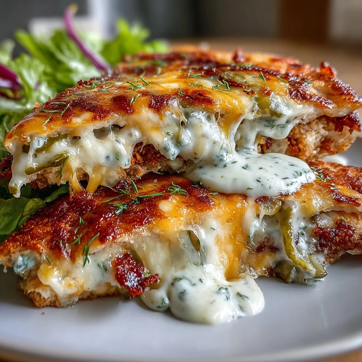 Crispy cheese-lace tacos filled with juicy ranch-smash chicken, tangy dill pickles, and fresh lettuce for a crunchy, creamy bite.  