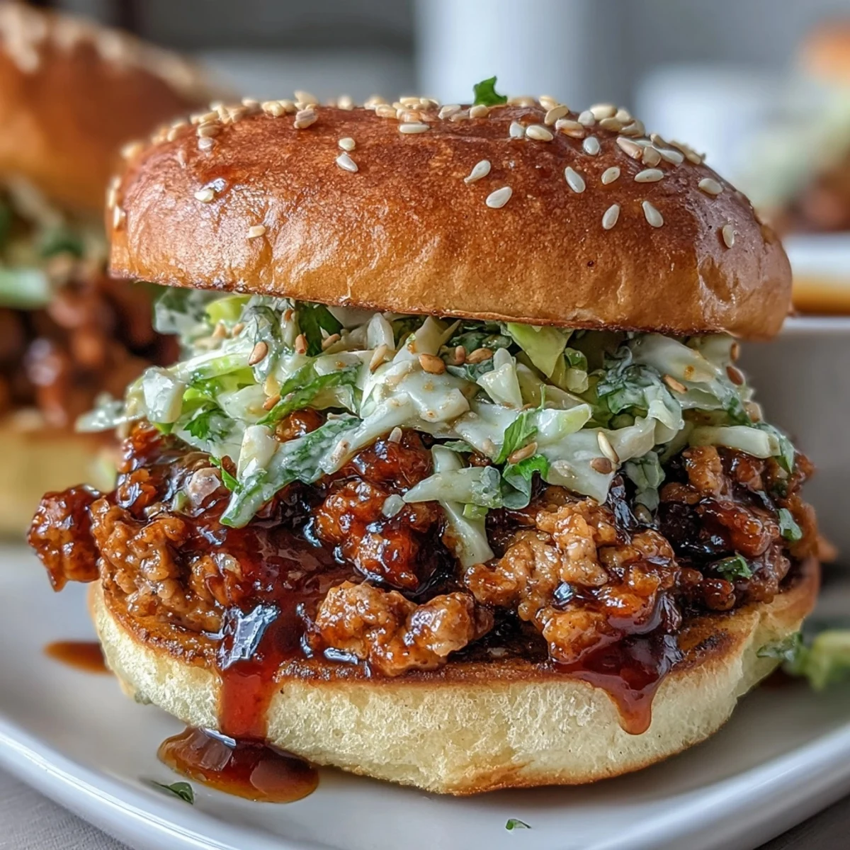 Gochujang-glazed ground turkey simmers in a savory-sweet sauce, nestled in slider buns with tangy sesame slaw for a Korean twist.  