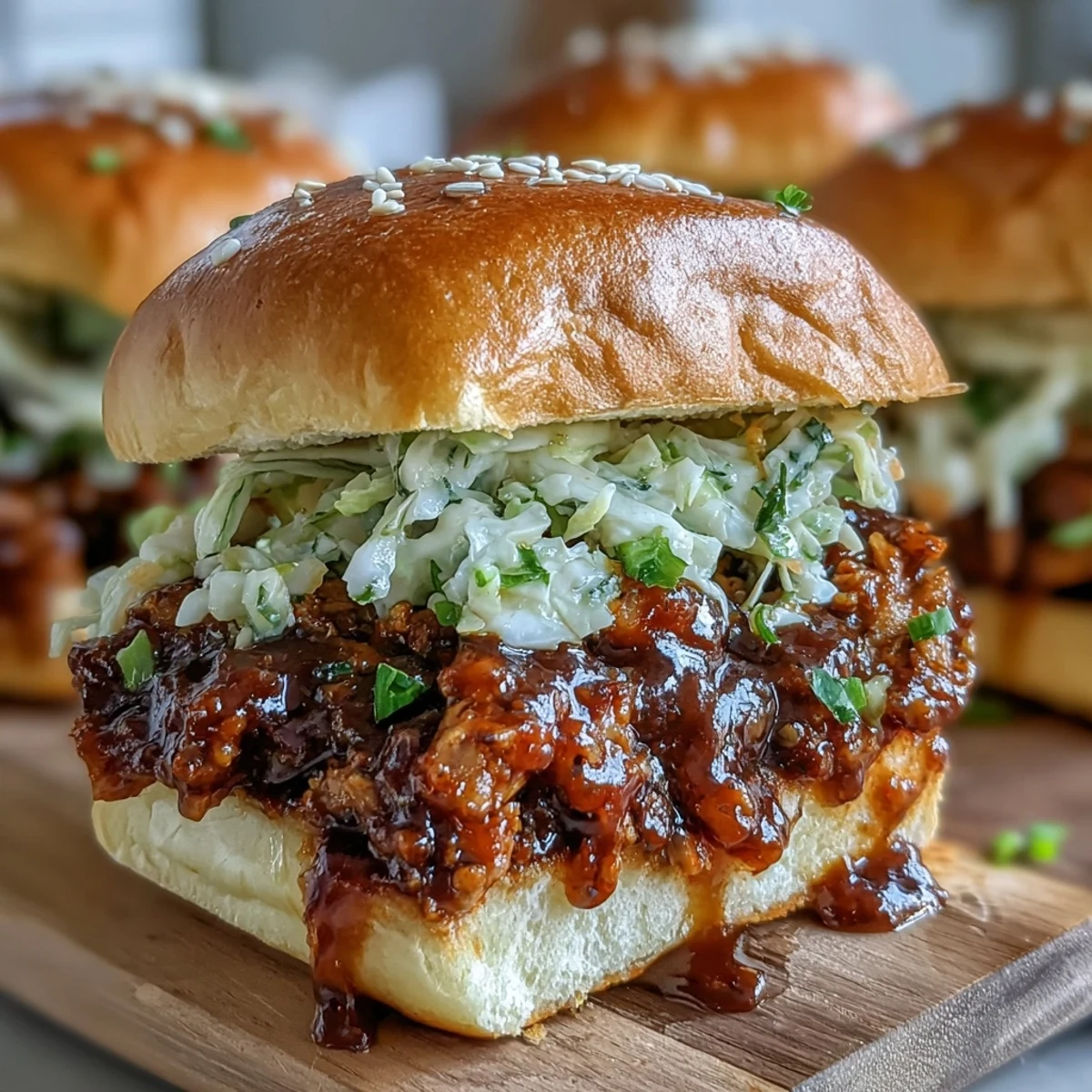Warm Korean-inspired turkey sliders feature bold gochujang flavor, topped with crisp vegetable slaw and sesame seeds for texture and color.